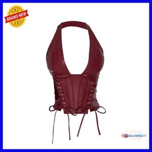 Plus Size PU Leather Halter Top Deep V Neck Backless Lace Up Crop